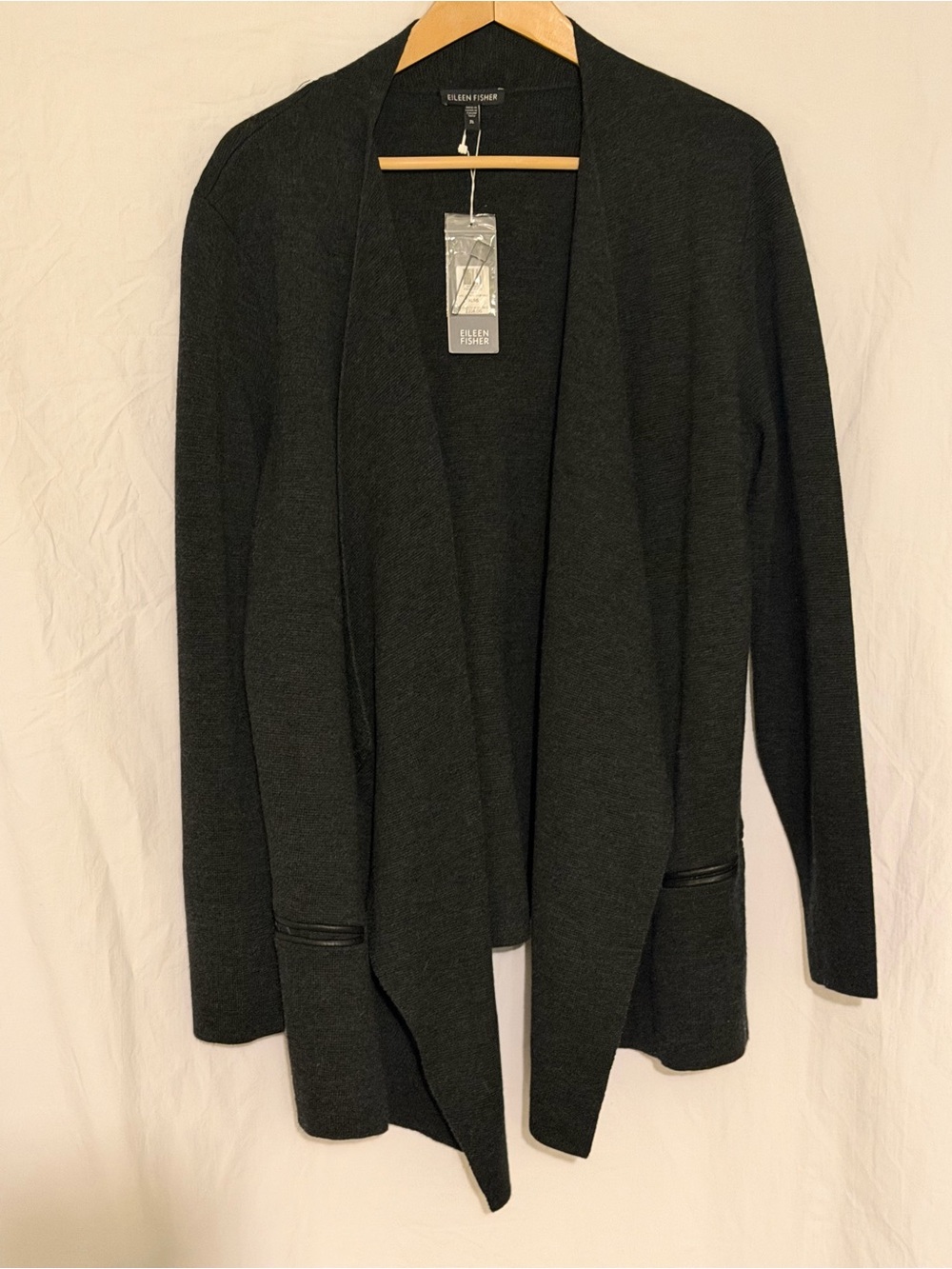 Eileen Fisher NWT Charcoal Gray/Black Wool Leather Open Front Cardigan Size XL